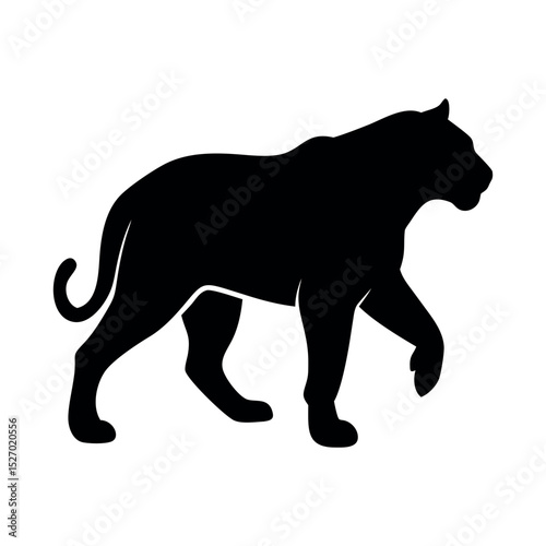 Tiger Silhouette: Walking silhouette of a wild tiger in a jungle setting, featuring a black and white design for use as an icon, logo, monogram, or symbol.