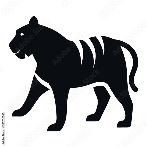 Tiger Silhouette: Walking silhouette of a wild tiger in a jungle setting, featuring a black and white design for use as an icon, logo, monogram, or symbol.
