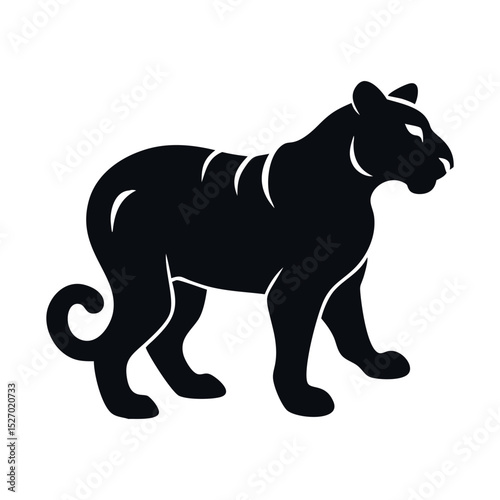 Tiger Silhouette: Walking silhouette of a wild tiger in a jungle setting, featuring a black and white design for use as an icon, logo, monogram, or symbol.