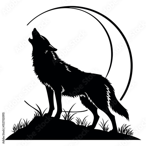 Howling wolf silhouette logo EPS vector, featuring a howling wolf icon illustration in black and white, isolated on a white background.