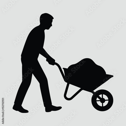 Man pushing full wheelbarrow construction work black Silhouette Vector