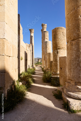 Wallpaper Mural Tourists wander through the historic site of Jerash, marveling at the towering stone columns and well-preserved structures under a clear blue sky, surrounded by lush greenery. Torontodigital.ca