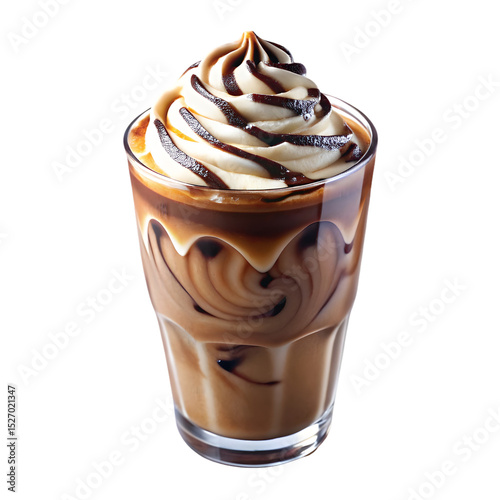 Delicious iced caramel coffee drink with whipped cream and chocolate drizzle on black background