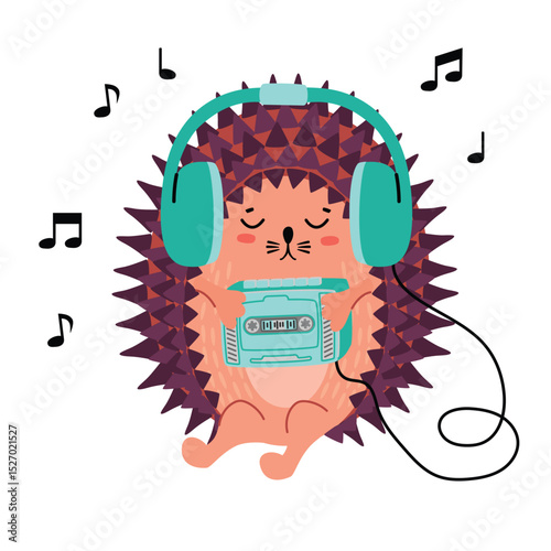 Cartoon hedgehog listens to music. Cute character is wearing headphones and holding  retro player in his paws. Funny animal isolated on white bacground with notes. Vector illustration for card, banner