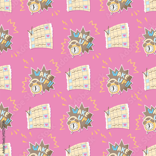 Wake Up seamless pattern with alarm clock and torn sheet of paper. Retro pop art style background with  footnote for text, textures, hand written. Vector design in brown, yellow, blue, pink colors.