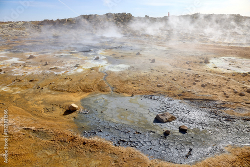Wallpaper Mural Hverir, Iceland. Stunning geothermal landscape with steam rising from colorful mineral-rich ground in Iceland during bright daylight Torontodigital.ca