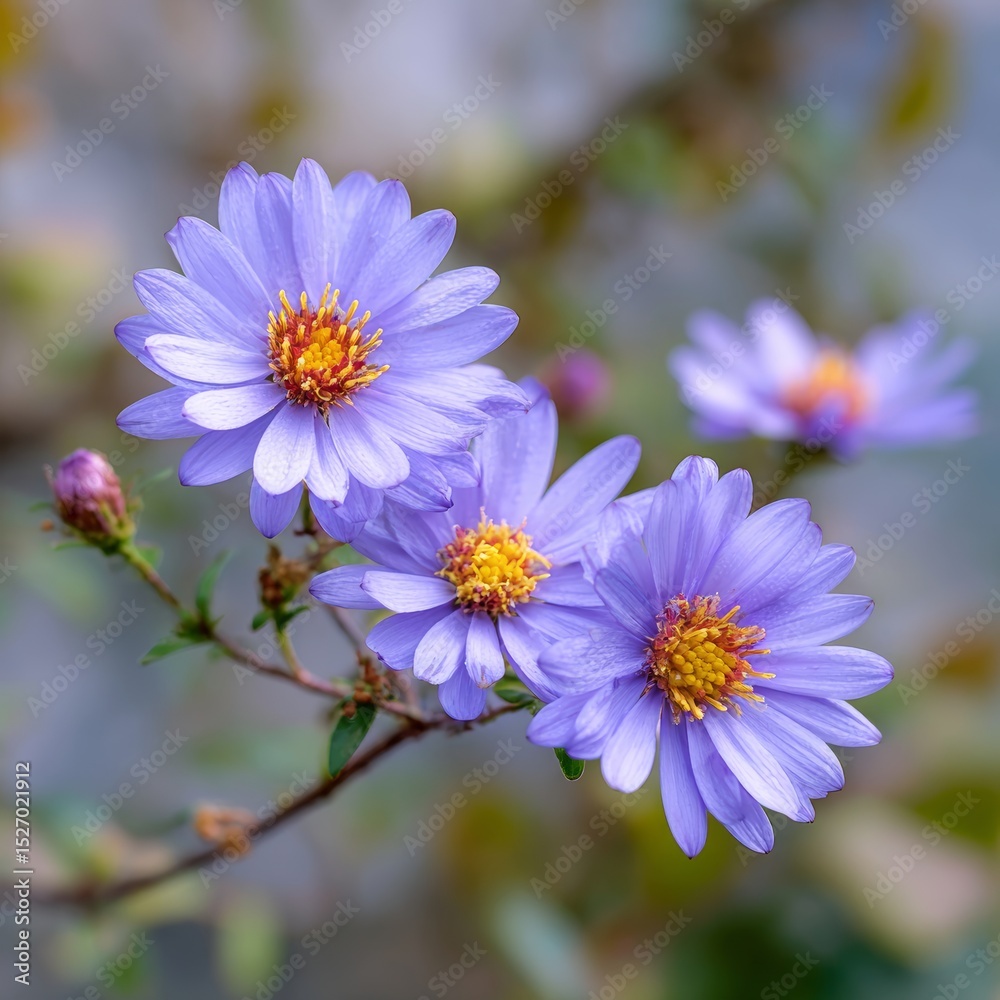 Obraz premium Vibrant cluster of aster flowers blooming in a natural garden setting. The flowers' petals are a beautiful shade of violet, and their centers are a warm, inviting yellow