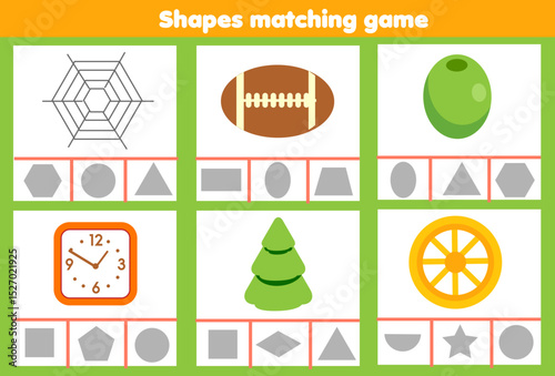 Matching children educational game. Match real life objects with shapes. Learning forms activity for kids and toddlers.