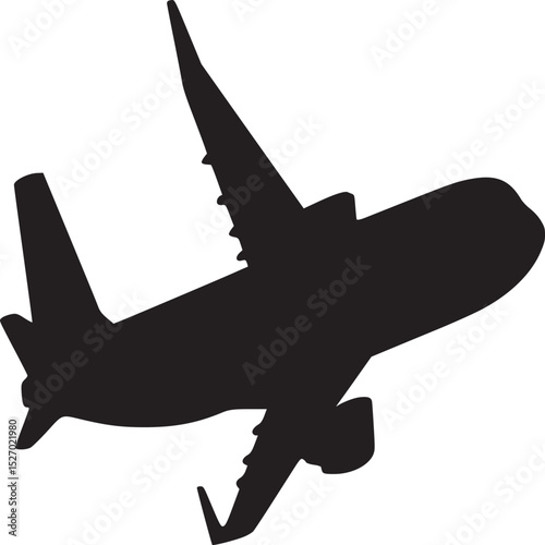 Silhouette of a passenger airplane flying in the sky with a light blue background in the daytime