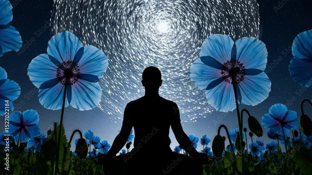Silueta negra meditando entre amapolas azules – atención plena, conexión cósmica, realidad 5D