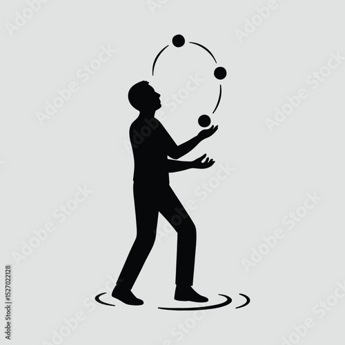 Man skillfully juggles three balls flat design Silhouette illustration Vector