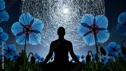 Silueta negra meditando entre amapolas azules – atención plena, conexión cósmica, realidad 5D
