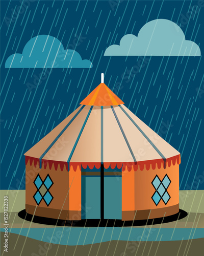 The sound of gentle rain on the yurts waterproof roof creates a soothing background noise for the nomads productivity.. Vector illustration