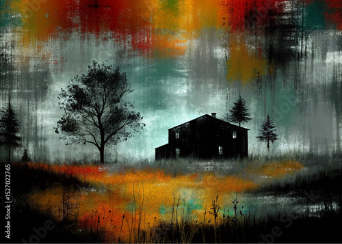 , flanked by trees with vibrant red and orange autumn foliage. The scene is illuminated by glowing streetlights, creating reflections on the slick ground and a sense of peaceful melancholy amidst the 