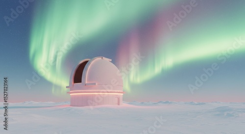 Glowing Pastel Observatory Dome in Snowy Terrain Under Aurora-Style Gradients