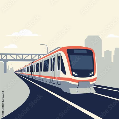 Modern commuter train speeds along elevated tracks towards a city skyline.