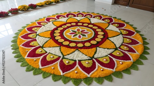 Traditional Indian Pookalam Flower Carpet Decoration for Onam Festival 