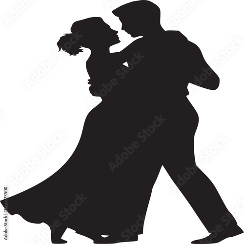 Silhouette of a couple dancing closely together in formal attire against a white background image view