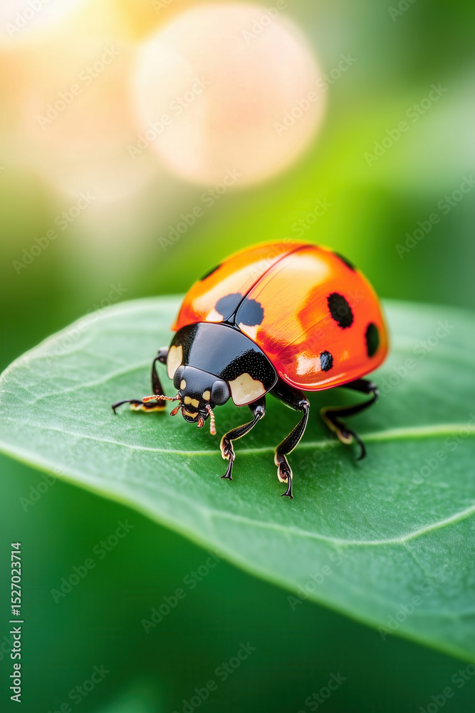 Fototapeta premium Ladybug rests on green leaf with blurred background creating a natural atmosphere. Close-up view highlights its role in pest management. Concept of agriculture, gardening, environmental conservation