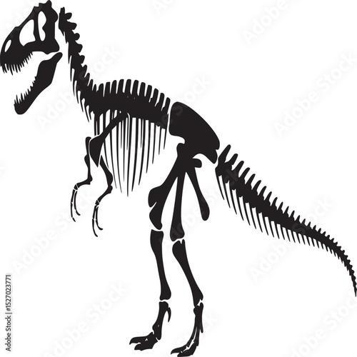 A black and white illustration of a tyrannosaurus rex skeleton standing on a white background image