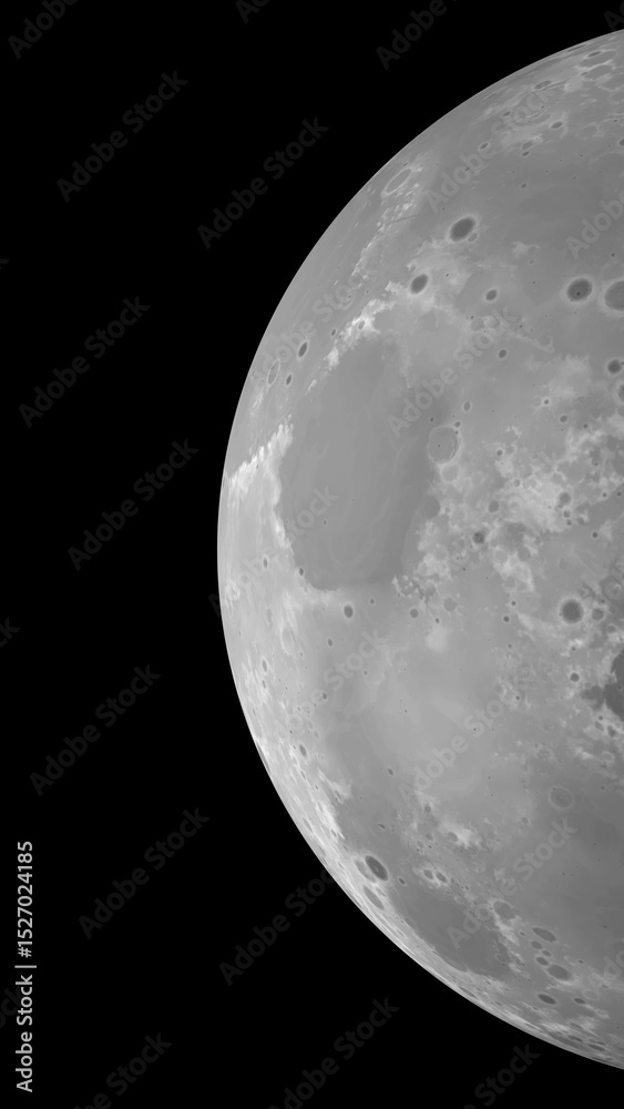 Naklejka premium 3D Render of Close-Up Moon Surface – Top-Down Composition with Black Left Side for Space, Science, or Background Design 