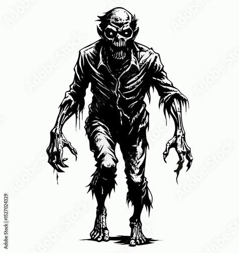Zombie illustration, undead monster, horror art, black and white drawing