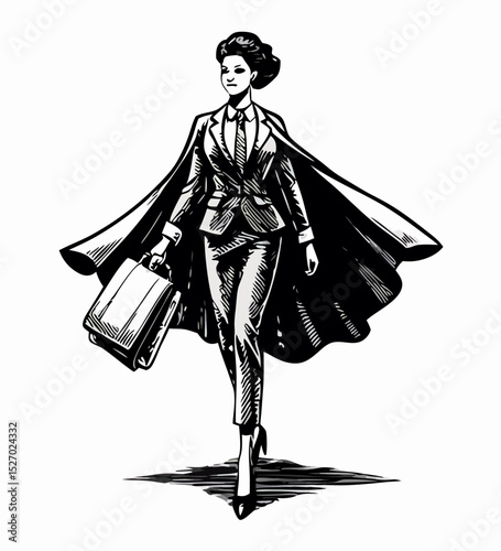 Powerful Businesswoman Walking with Briefcase, Cape Illustration