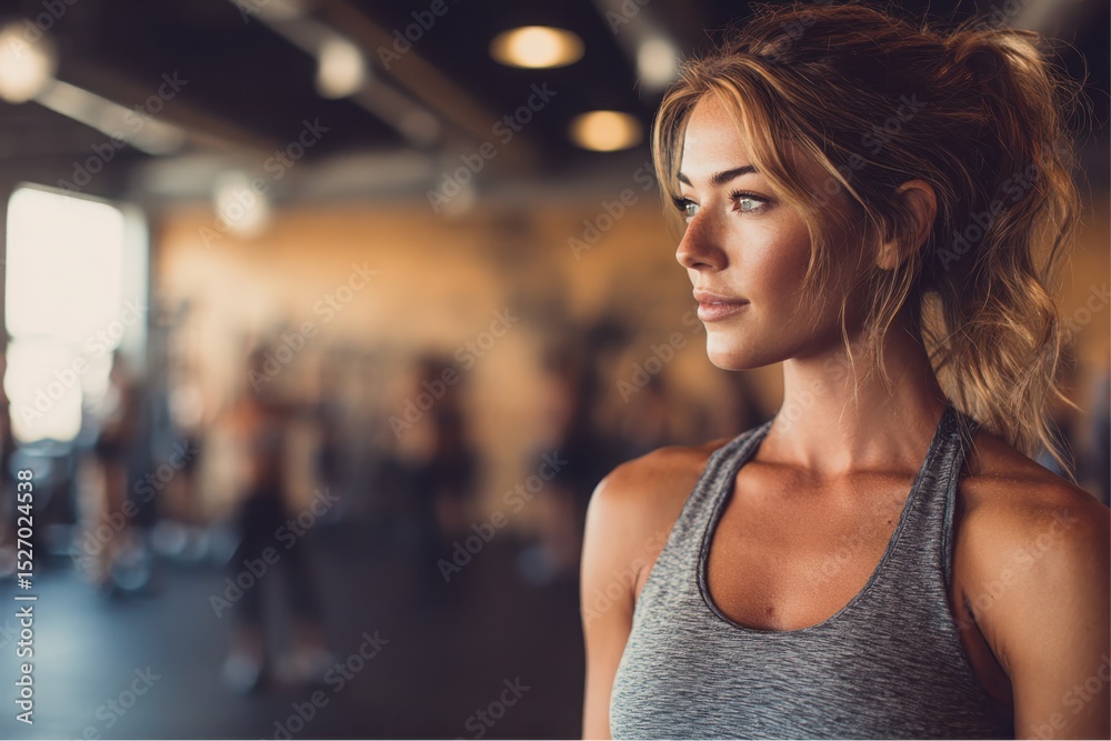 Fototapeta premium Woman in gym looks to her right, gym goers in background