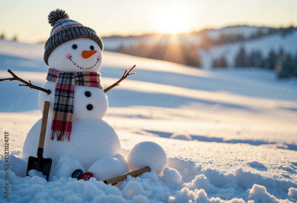 Obraz premium Cheerful snowman with a colorful scarf and hat in a snowy winter landscape at sunset