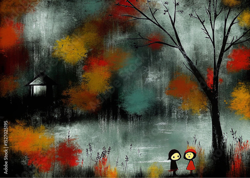 , flanked by trees with vibrant red and orange autumn foliage. The scene is illuminated by glowing streetlights, creating reflections on the slick ground and a sense of peaceful melancholy amidst the 