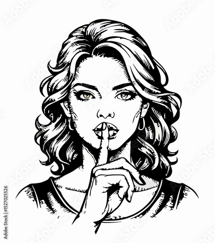 Woman with Finger to Lips, Shhh Secret, Black and White Illustration