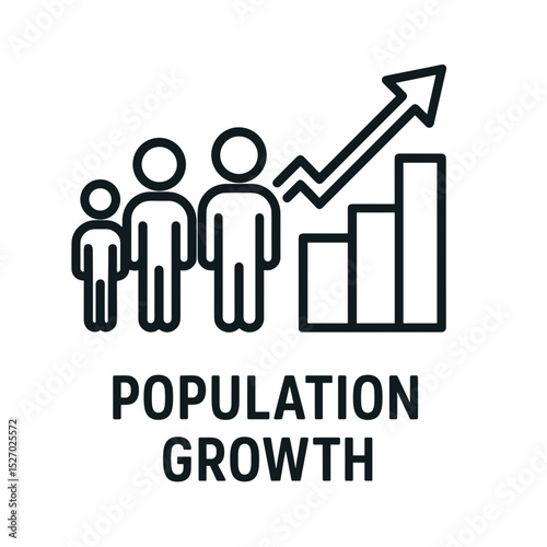 Population growth line icon with increasing bar chart and human figures representing demographic expansion