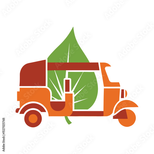 A stylized auto rickshaw illustration with a large green leaf in the background, creating an eco-friendly transport concept.