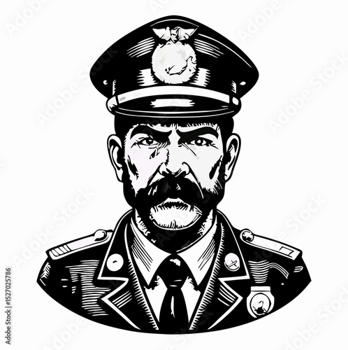 Serious Police Officer Portrait, Black and White Illustration