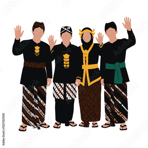 Four people in traditional Javanese clothing, waving hello. Two men and one woman wear headdresses, while the fourth man has a green sash.