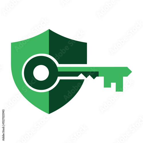 Green shield protects key; security, access, and protection concept.