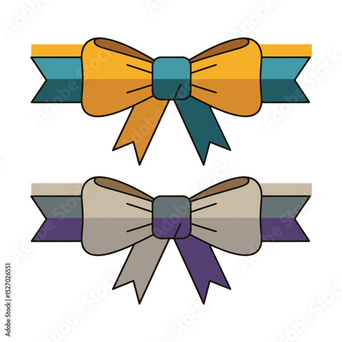 Two decorative bows with ribbons in different colors, arranged in a symmetrical pattern.
