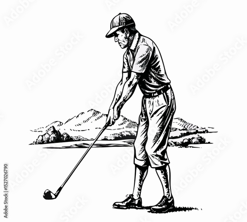 Golfer Preparing to Hit Golf Ball, Black and White Illustration
