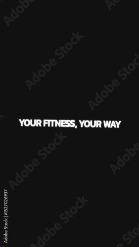 Repeating text “YOUR FITNESS, YOUR WAY” fills black background with rotating circular mask animation and ends with expanding blank circle to full screen.