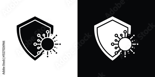 Virus protection shield icon in flat version on black and white background