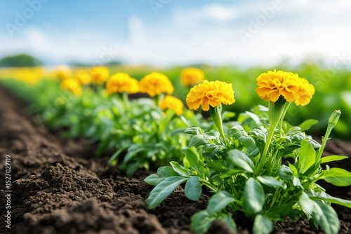 Marigold flowers bloom in vibrant yellow alongside healthy crops in a sunny agricultural field. This natural pest deterrent adds color and beauty to the landscape
