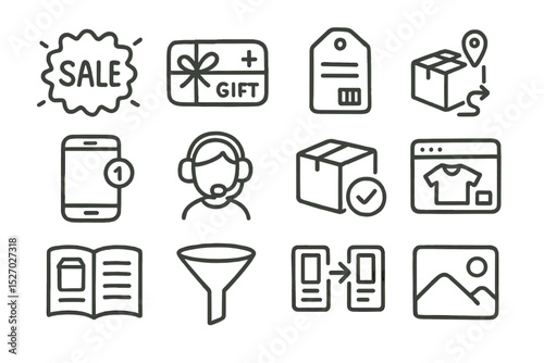 E-commerce icon set featuring shopping, delivery, and customer support symbols