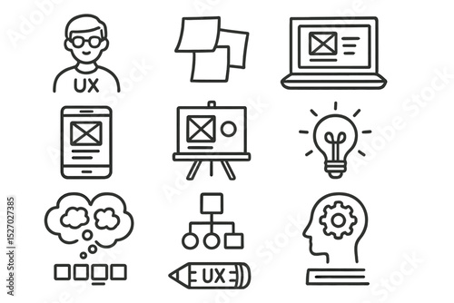 Hand-drawn icons illustrating ux design concepts on brown background
