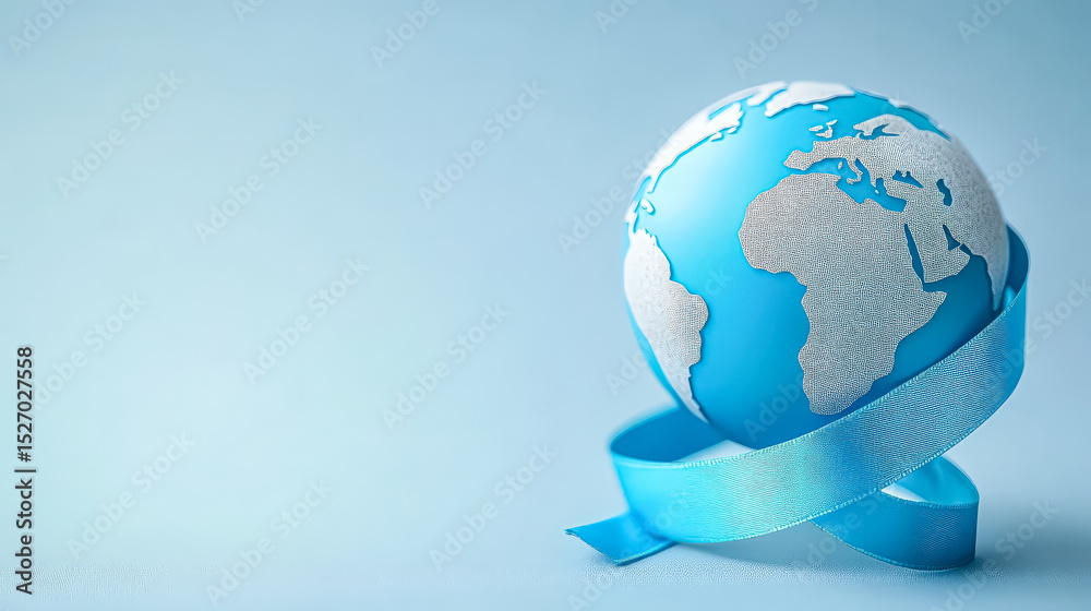 Fototapeta premium Blue and white globe is sitting on a blue background. The globe is surrounded by a blue ribbon, which gives the impression of a protective barrier. Concept of security and protection