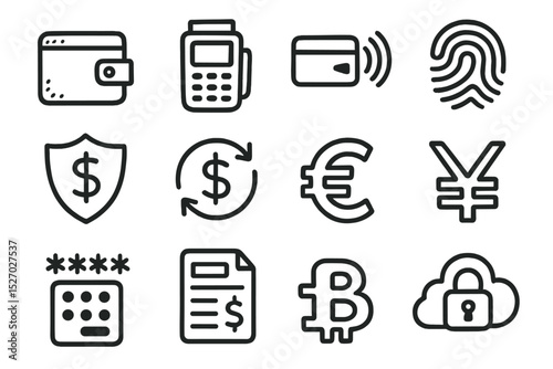 Set of financial and security icons featuring currency and transaction symbols