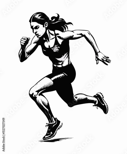 Female Athlete Running, Black and White Illustration