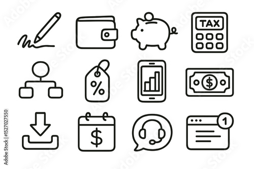 Financial icons set featuring money, wallet, and tax symbols on brown background