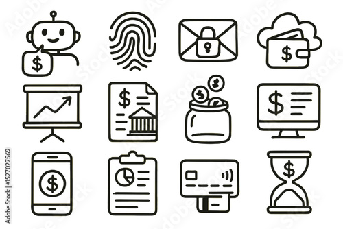 Finance and technology icons: ai, security, banking, investments, digital wallet