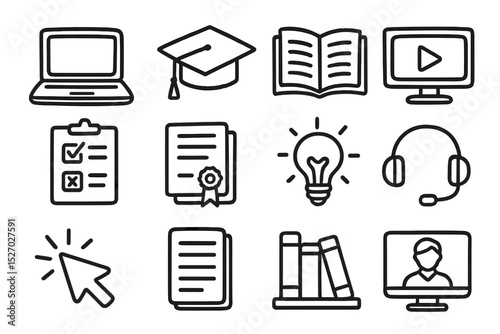 Educational icons set featuring laptop, graduation cap, books, video, lightbulb