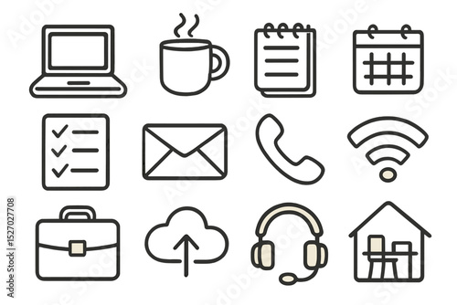 Business icons collection: laptop, coffee, notebook, calendar, and more
